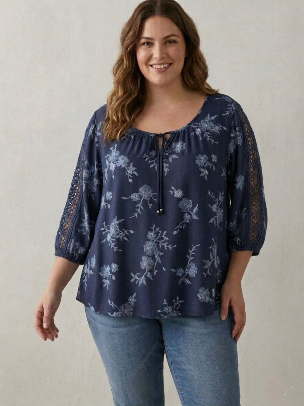 Unique Spectrum Blue Floral Boho Crochet Sleeve Top Blouse 3X Blue